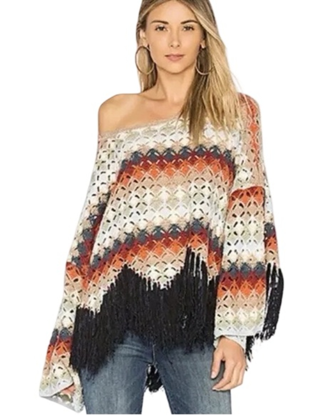 🧶▪️🧵Free People Nadia’s Poncho Multicolor Crotchet‎ Fringe Sweater Top 🧵▪️🧶